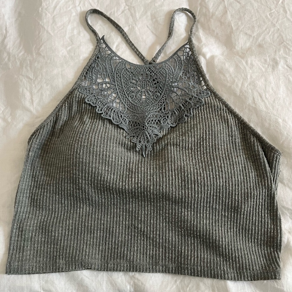 Mudd: Green/Gray Lace Halter Top